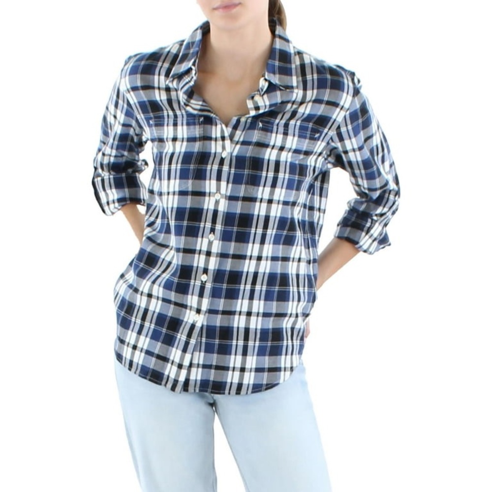 RALPH LAUREN Womens Black Blue plaid Printed Collared Button Up women large
